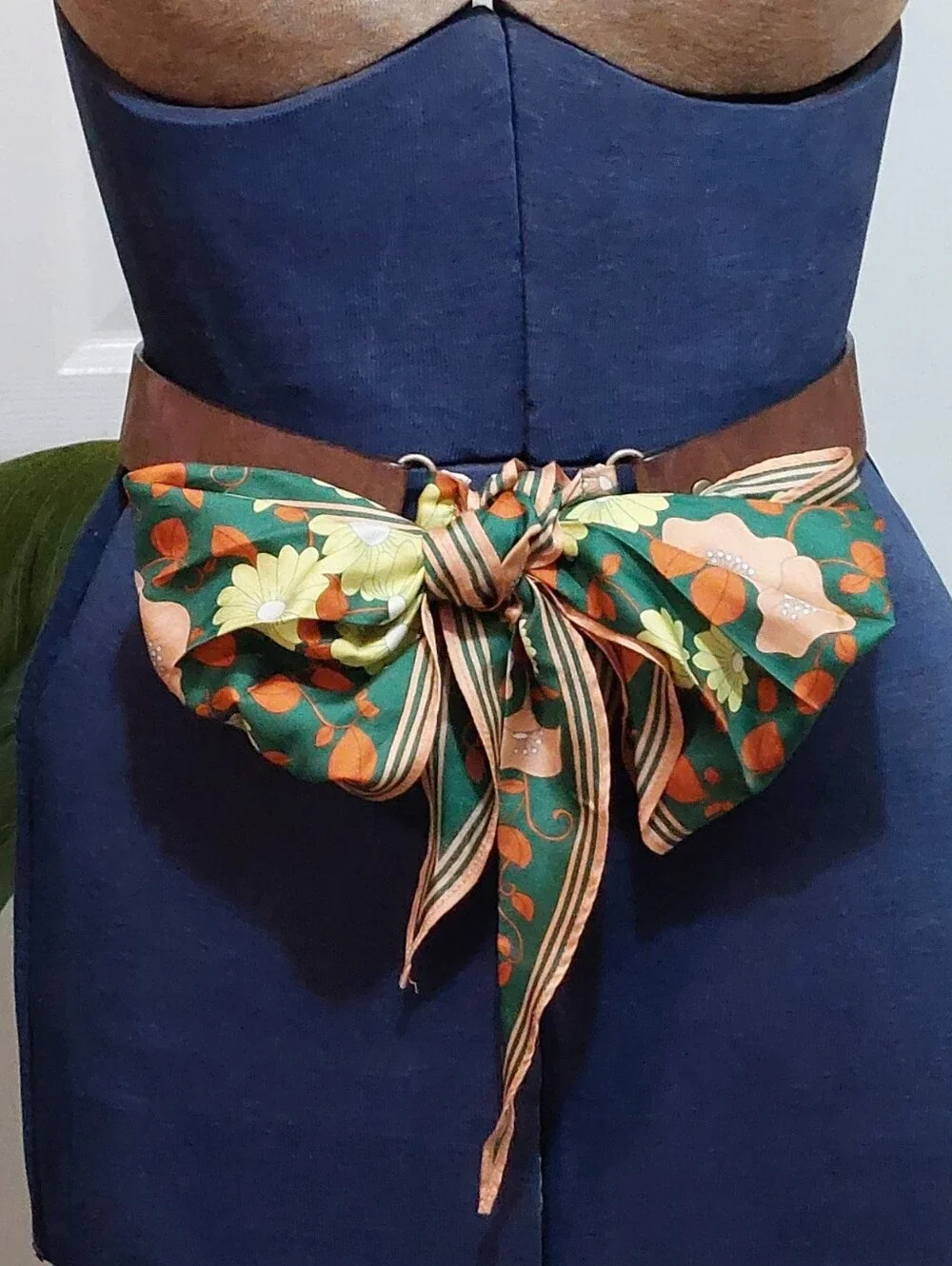 Lucky Penny Green Floral Ribbon Waist Belt with Brown Band Size Medium/large